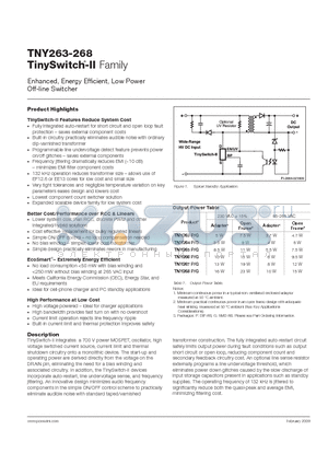 TNY263P datasheet - Enhanced, Energy Effi cient, Low Power Off-line Switcher