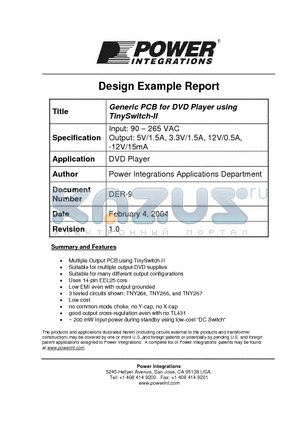 TNY264 datasheet - Generic PCB for DVD Player using TinySwitch-II