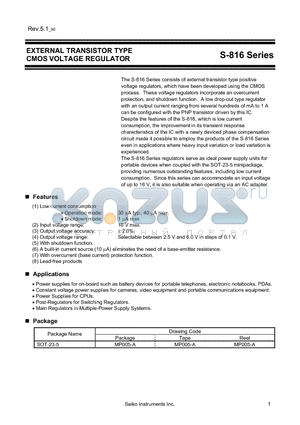 S-816A27AMC-BACT2G datasheet - EXTERNAL TRANSISTOR TYPE CMOS VOLTAGE REGULATOR