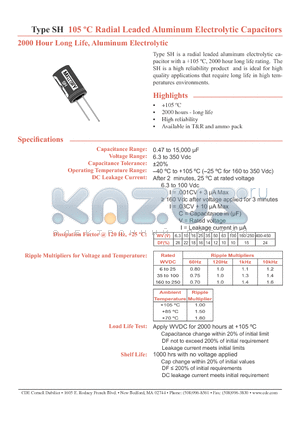SH220M200ST datasheet - 105 CRadial Leaded Aluminum Electorlytic Capacitors