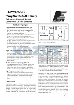 TNY264G datasheet - Enhanced, Energy Efficient, Low Power Off-line Switcher