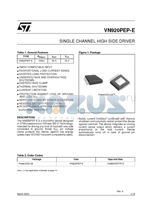 VN920PEP-E datasheet - SINGLE CHANNEL HIGH SIDE DRIVER