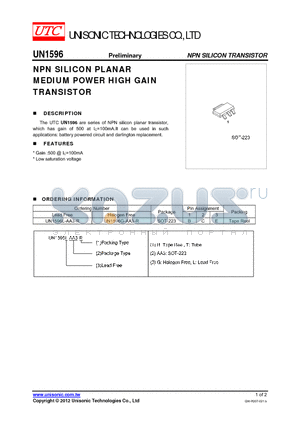 UN1596G-AA3-R datasheet - NPN SILICON PLANAR MEDIUM POWER HIGH GAIN TRANSISTOR
