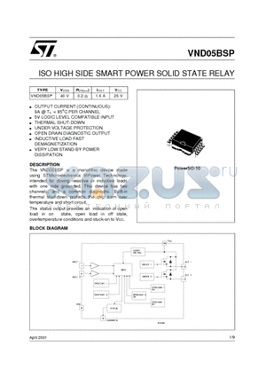 VND05BSP datasheet - ISO HIGH SIDE SMART POWER SOLID STATE RELAY