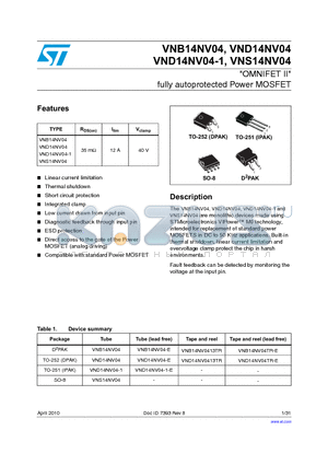 VNB14NV04 datasheet - OMNIFET II fully autoprotected Power MOSFET