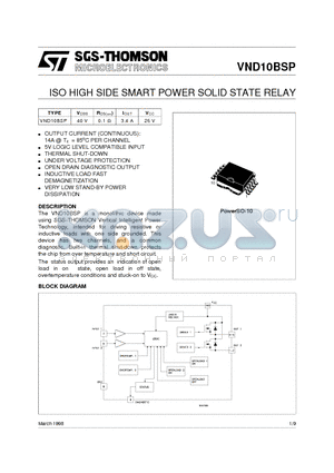 VND10BSP datasheet - ISO HIGH SIDE SMART POWER SOLID STATE RELAY