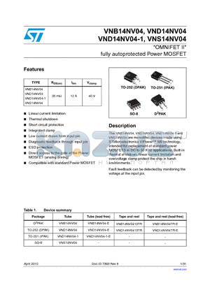 VNB14NV04_10 datasheet - OMNIFET II fully autoprotected Power MOSFET