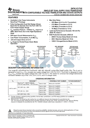 SN74LVC1T45 datasheet - SINGLE-BIT DUAL-SUPPLY BUS TRANSCEIVER WITH CONFIGURABLE VOLTAGE TRANSLATION AND 3-STATE OUTPUTS