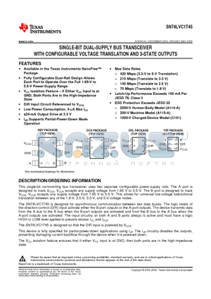 SN74LVC1T45 datasheet - SINGLE-BIT DUAL-SUPPLY BUS TRANSCEIVER WITH CONFIGURABLE VOLTAGE TRANSLATION AND 3-STATE OUTPUTS