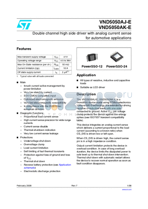 VND5050AK-E datasheet - Double channel high side driver with analog current sense for automotive applications
