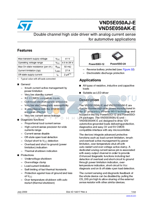 VND5E050AK-E datasheet - Double channel high side driver with analog current sense for automotive applications