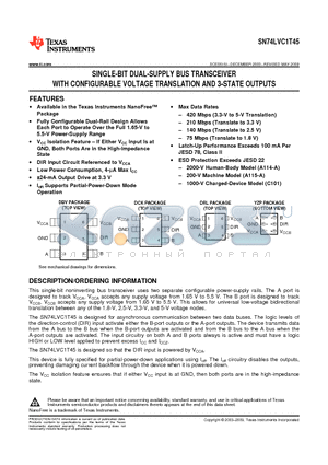 SN74LVC1T45DBVTE4 datasheet - SINGLE-BIT DUAL-SUPPLY BUS TRANSCEIVER