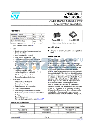 VND5050JTR-E datasheet - Double channel high side driver for automotive applications