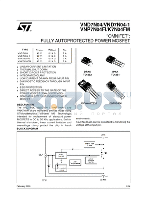 VND7N04 datasheet - OMNIFET: FULLY AUTOPROTECTED POWER MOSFET