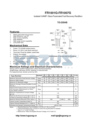 TO-220AB datasheet - Isolated 10AMP. Glass Passivated Fast Recovery Rectifiers
