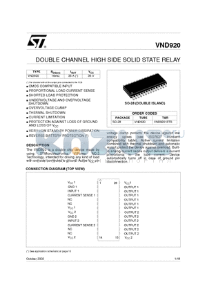 VND920 datasheet - DOUBLE CHANNEL HIGH SIDE SOLID STATE RELAY