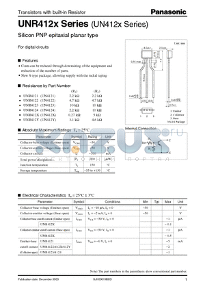 UN412Y datasheet - UNR412x Series (UN412x Series) Silicon PNP epitaxial planar type