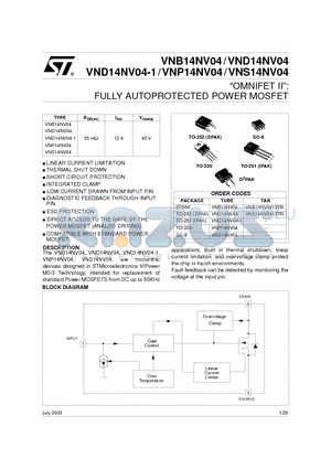 VNP14NV04 datasheet - OMNIFET II: FULLY AUTOPROTECTED POWER MOSFET