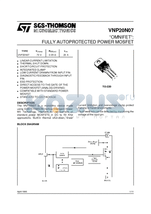VNP20N07 datasheet - OMNIFET: FULLY AUTOPROTECTED POWER MOSFET
