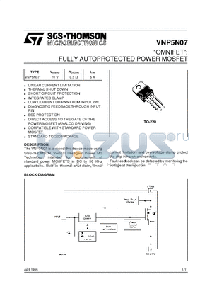 VNP5N07 datasheet - OMNIFET: FULLY AUTOPROTECTED POWER MOSFET