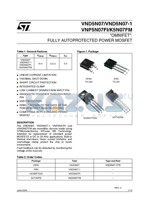 VNP5N07FI datasheet - OMNIFET: FULLY AUTOPROTECTED POWER MOSFET