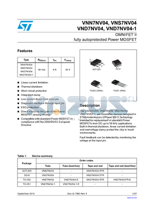VNS7NV0413TR datasheet - OMNIFET II fully autoprotected Power MOSFET