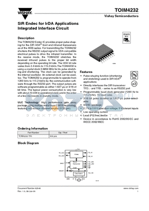 TOIM4232 datasheet - SIR Endec for IrDA Applications Integrated Interface Circuit