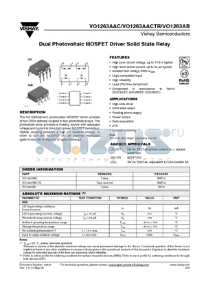VO1263AAC datasheet - Dual Photovoltaic MOSFET Driver Solid State Relay