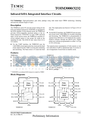 TOIM3232 datasheet - Infrared IrDA Integrated Interface Circuits
