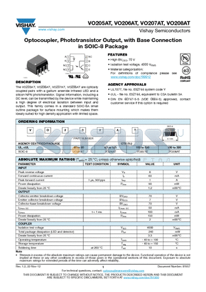 VO205AT datasheet - Optocoupler, Phototransistor Output, with Base Connection in SOIC-8 Package