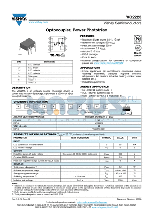 VO2223_12 datasheet - Optocoupler, Power Phototriac