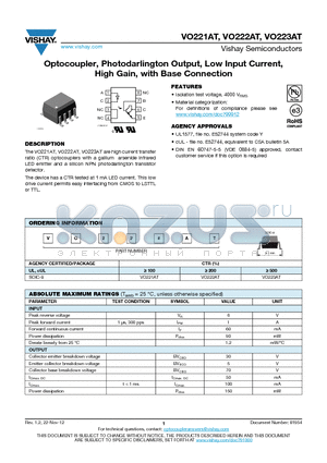 VO222AT datasheet - Optocoupler, Photodarlington Output, Low Input Current, High Gain, with Base Connection