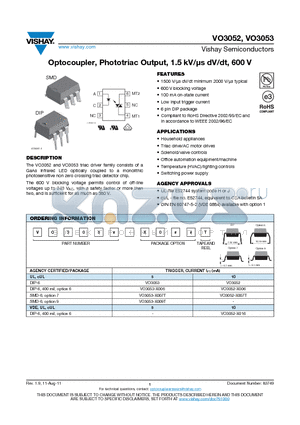 VO3052-X016 datasheet - Optocoupler, Phototriac Output, 1.5 kV/ls dV/dt, 600 V