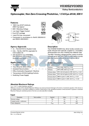 VO3053-X006 datasheet - Optocoupler, Non Zero Crossing Phototriac, 1.5 kV/uS dV/dt, 600 V