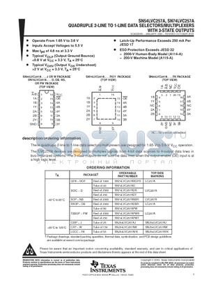 SN74LVC257ADR datasheet - QUADRUPLE 2 LINE TO 1 LINE DATA SELECTORS/ MULTIPLEXERS WITH 3 STATE OUTPUTS