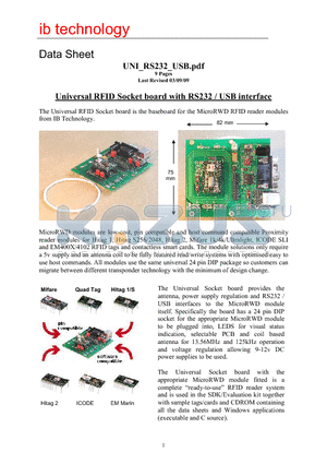 UNI_RS232_USB datasheet - The Universal RFID Socket board is the baseboard for the MicroRWD RFID reader modules from IB Technology.