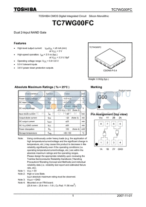TC7WG00FC datasheet - CMOS Digital Integrated Circuit Silicon Monolithic Dual 2-Input NAND Gate