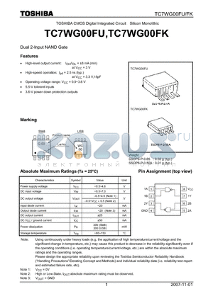 TC7WG00FU datasheet - CMOS Digital Integrated Circuit Silicon Monolithic Dual 2-Input NAND Gate
