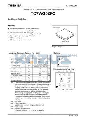 TC7WG02FC datasheet - CMOS Digital Integrated Circuit Silicon Monolithic Dual 2-Input NOR Gate