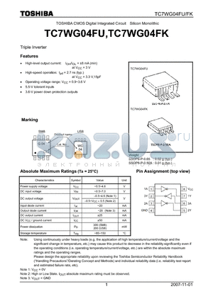 TC7WG04FU datasheet - CMOS Digital Integrated Circuit Silicon Monolithic Triple Inverter