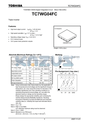TC7WG04FC datasheet - CMOS Digital Integrated Circuit Silicon Monolithic Triple Inverter