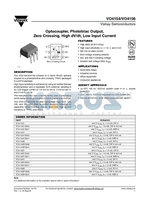 VO4156H-X006 datasheet - Optocoupler, Phototriac Output, Zero Crossing, High dV/dt, Low Input Current