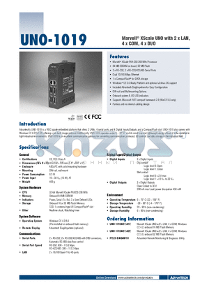UNO-1019 datasheet - Marvell XScale UNO with 2 x LAN, 4 x COM, 4 x DI/O