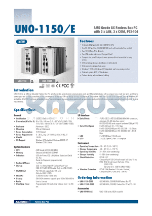 UNO-1150E-G20E datasheet - AMD Geode GX Fanless Box PC with 2 x LAN, 3 x COM, PCI-104
