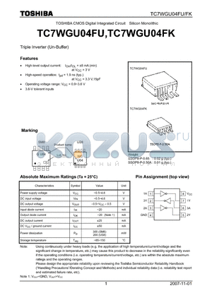 TC7WGU04FU datasheet - CMOS Digital Integrated Circuit Silicon Monolithic Triple Inverter (Un-Buffer)