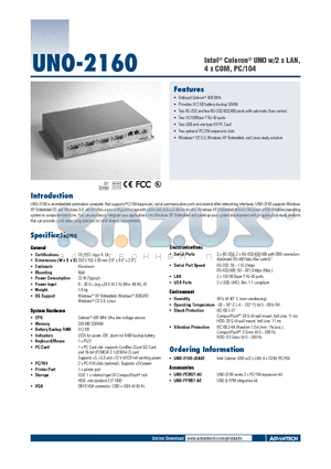 UNO-2160-JDA0E datasheet - Intel^ Celeron^ UNO w/2 x LAN, 4 x COM, PC/104