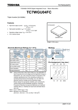 TC7WGU04FC datasheet - CMOS Digital Integrated Circuit Silicon Monolithic Triple Inverter (Un-Buffer)
