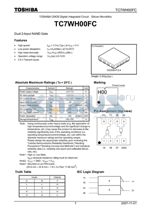 TC7WH00FC datasheet - CMOS Digital Integrated Circuit Silicon Monolithic Dual 2-Input NAND Gate