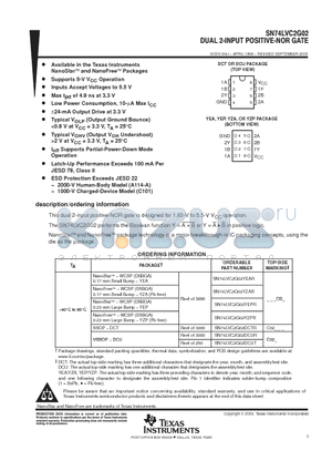 SN74LVC2G02YZPR datasheet - DUAL 2 INPUT POSITIVE NOR GATE