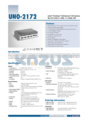 UNO-2172-C22E datasheet - Intel^ Pentium^ M/Celeron^ M Fanless Box PC with 2 x GbE, 4 x COM, DVI